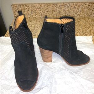 Lucky Brand black suede perforated detail open toe booti
